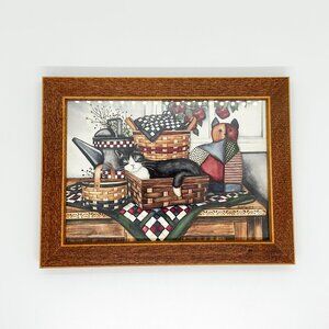 Vintage Tuxedo Cat Sleeping Framed Print Cottagecore Country Farm Quilt Basket